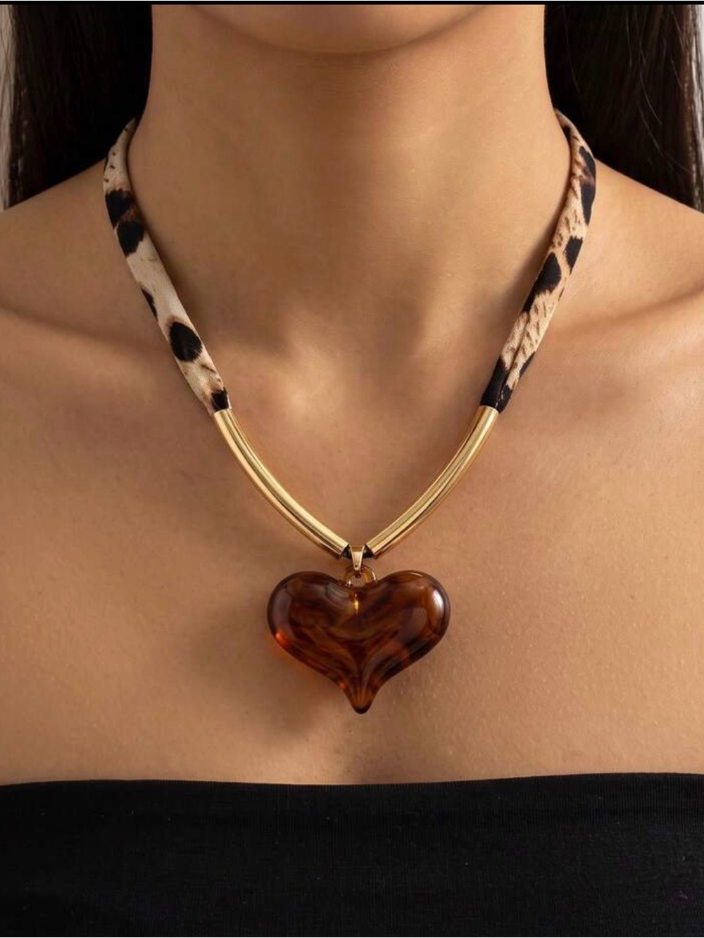 Leopard-Print Strap Necklace with Amber Heart Pendant